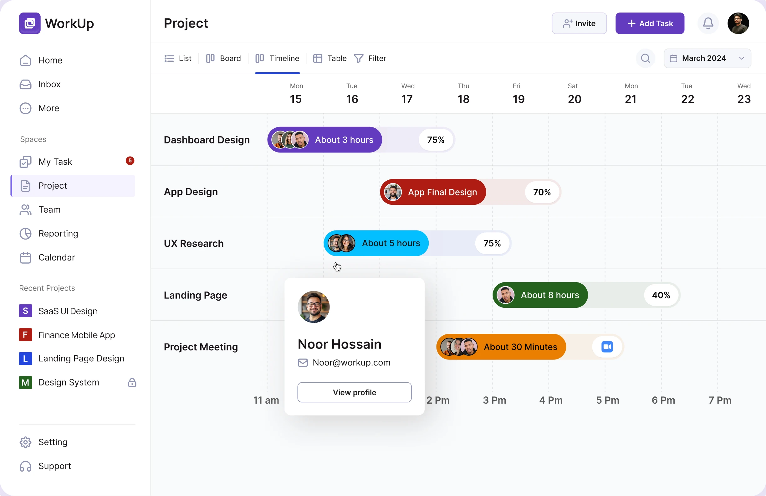 WorkUp project timeline: Dashboard Design, App Design, UX Research, Landing Page and Project Meeting scheduled across the week, with assignees and progress for each task.
