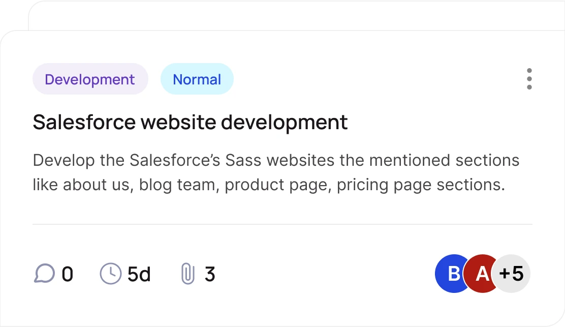 Task card “Salesforce website development”, tagged Development and Normal, due in 5 days with 3 attachments, assigned to two teammates and 5 others.